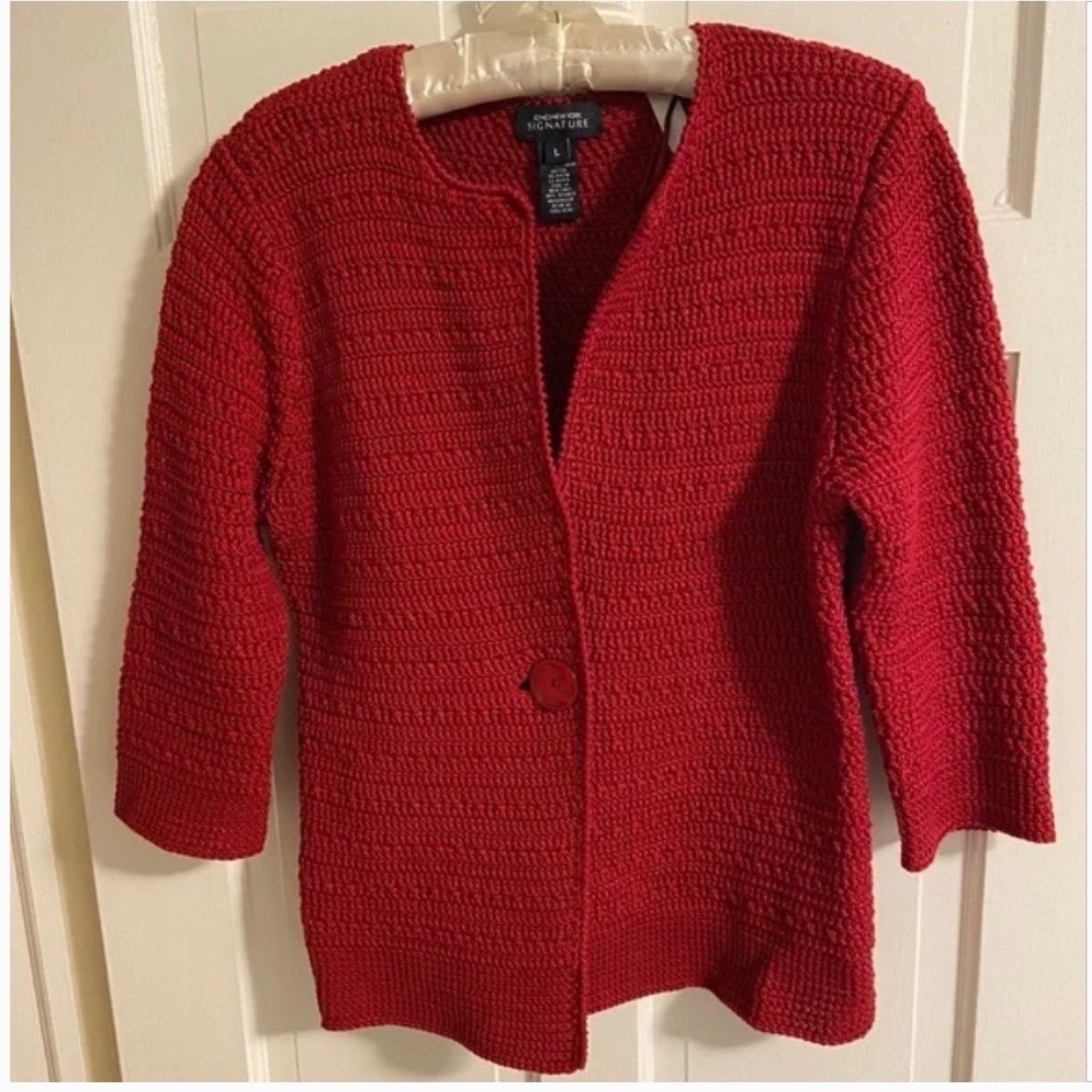 Gorgeous Red Sweater Jacket; Never Worn; Heavy Cotton Knit; Large; 3/4 Sleeves - Picture 12 of 13
